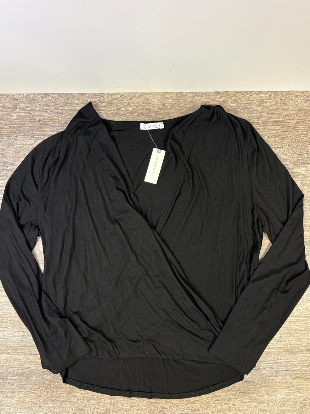 Anthropologie On the Road Black Faux Wrap Long Sleeve Top XL NWT Made in USA